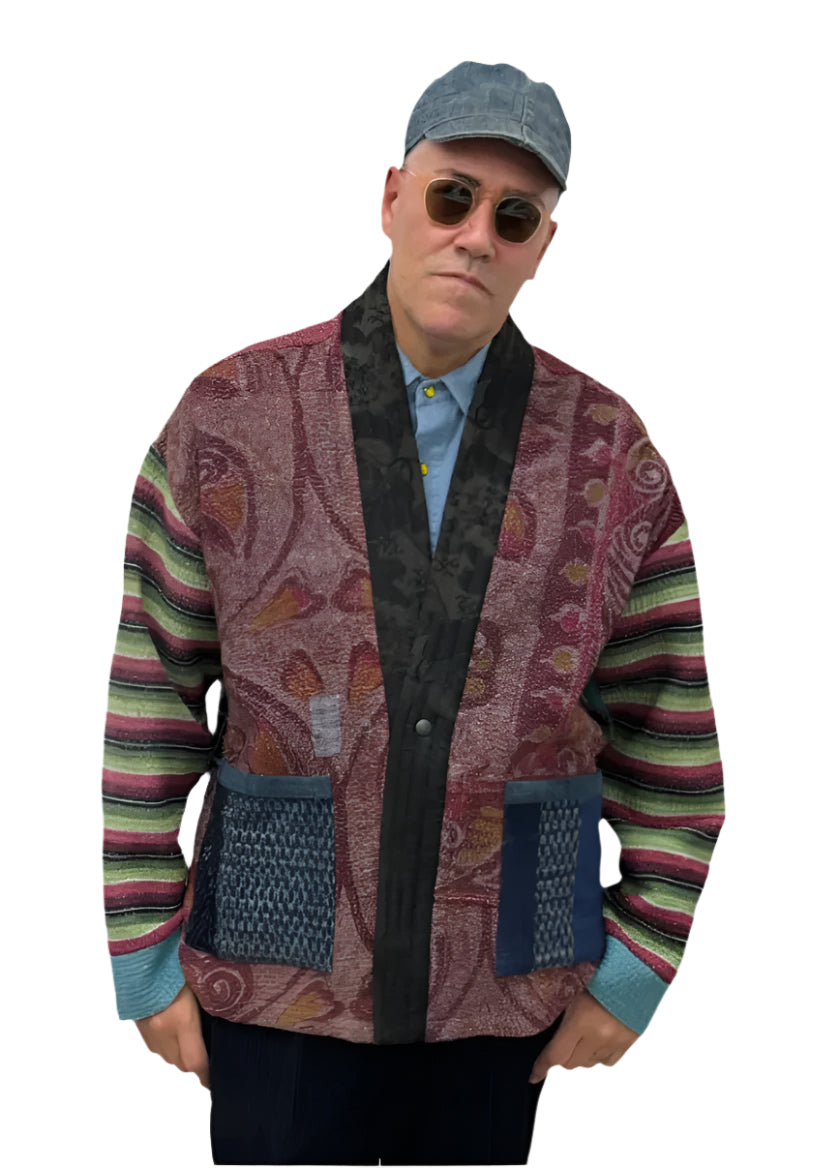 Kantha Quilted Kimono Jacket *(striped sleeve)