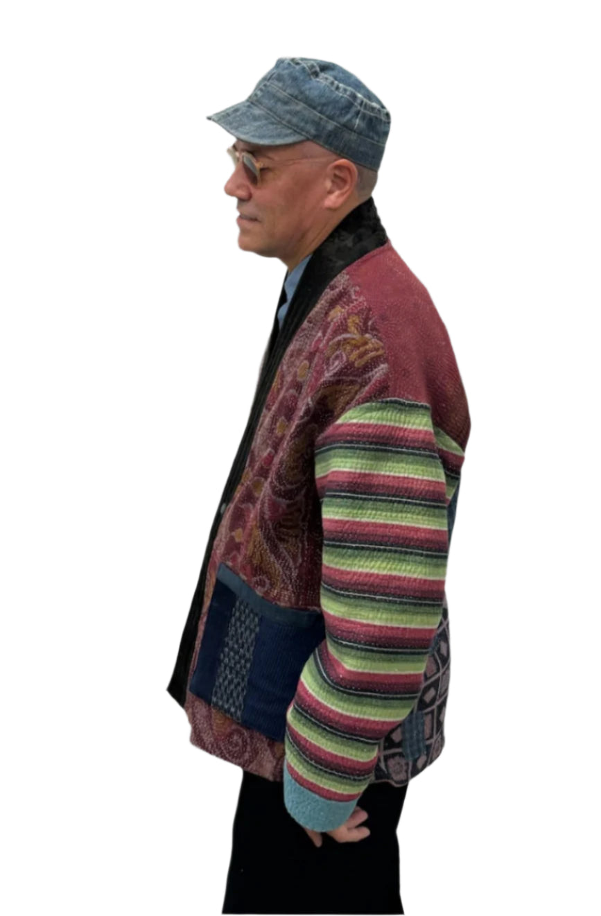 Kantha Quilted Kimono Jacket *(striped sleeve)