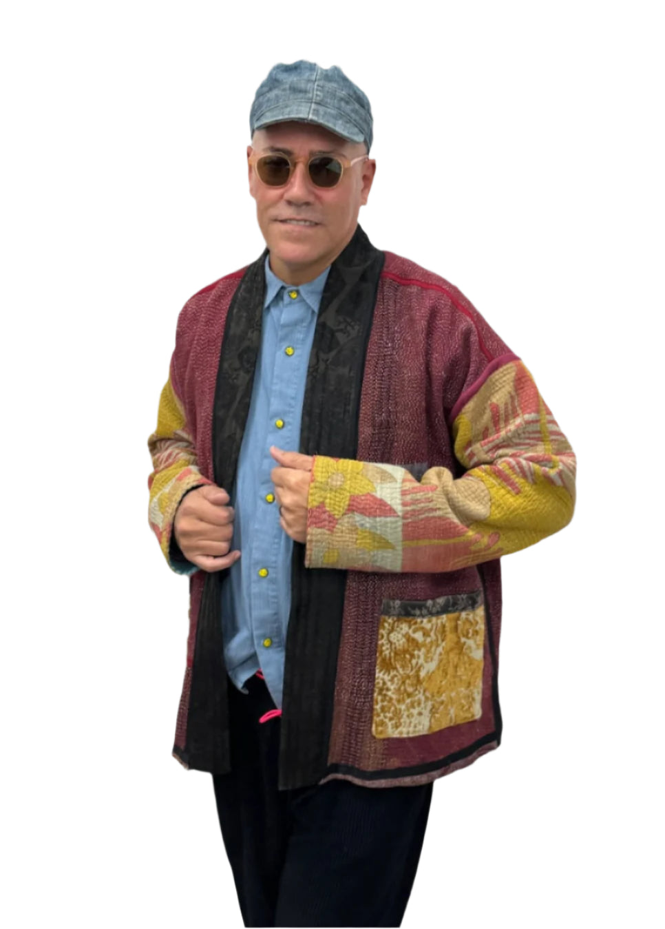 Kantha Quilted Kimono Jacket *(striped sleeve)