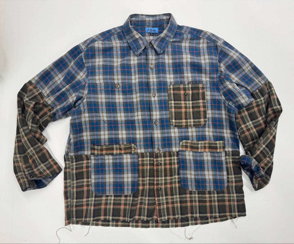 Shacket- Reworked Plaid Frayed Hem Shacket, Size L