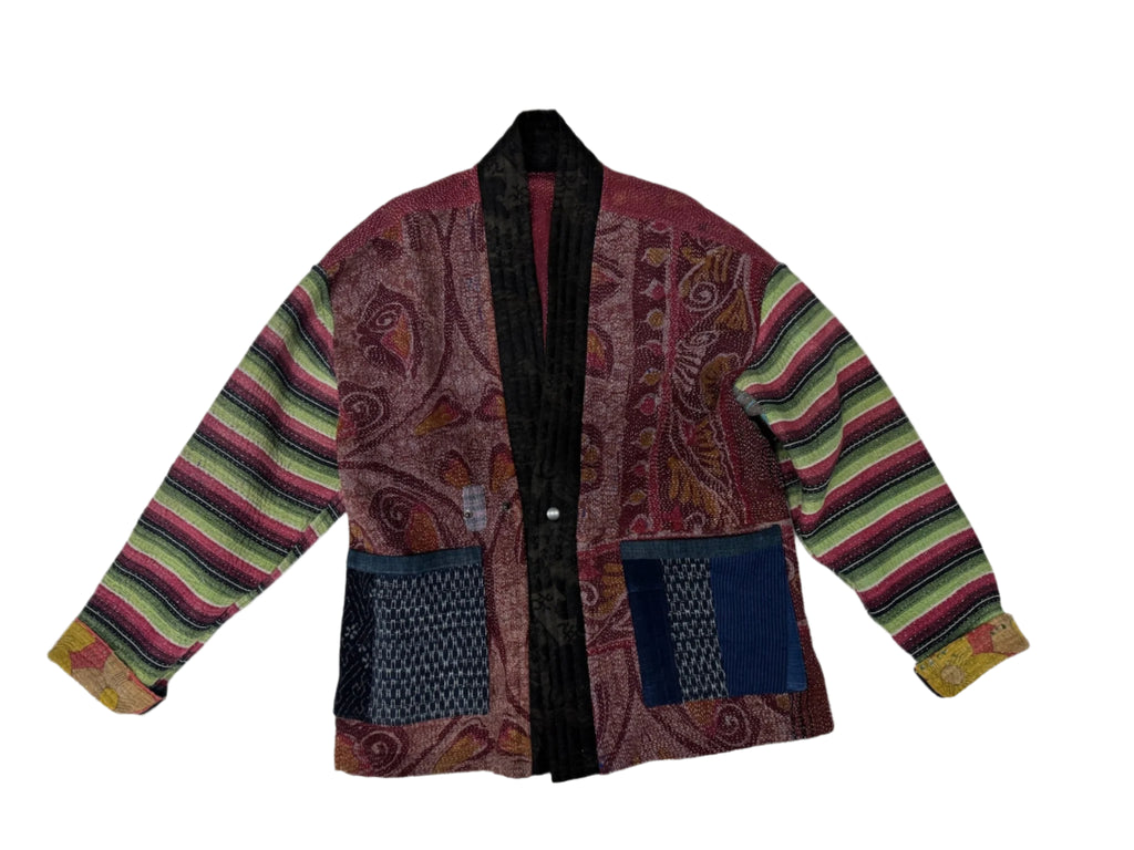 Kantha Quilted Kimono Jacket *(striped sleeve)