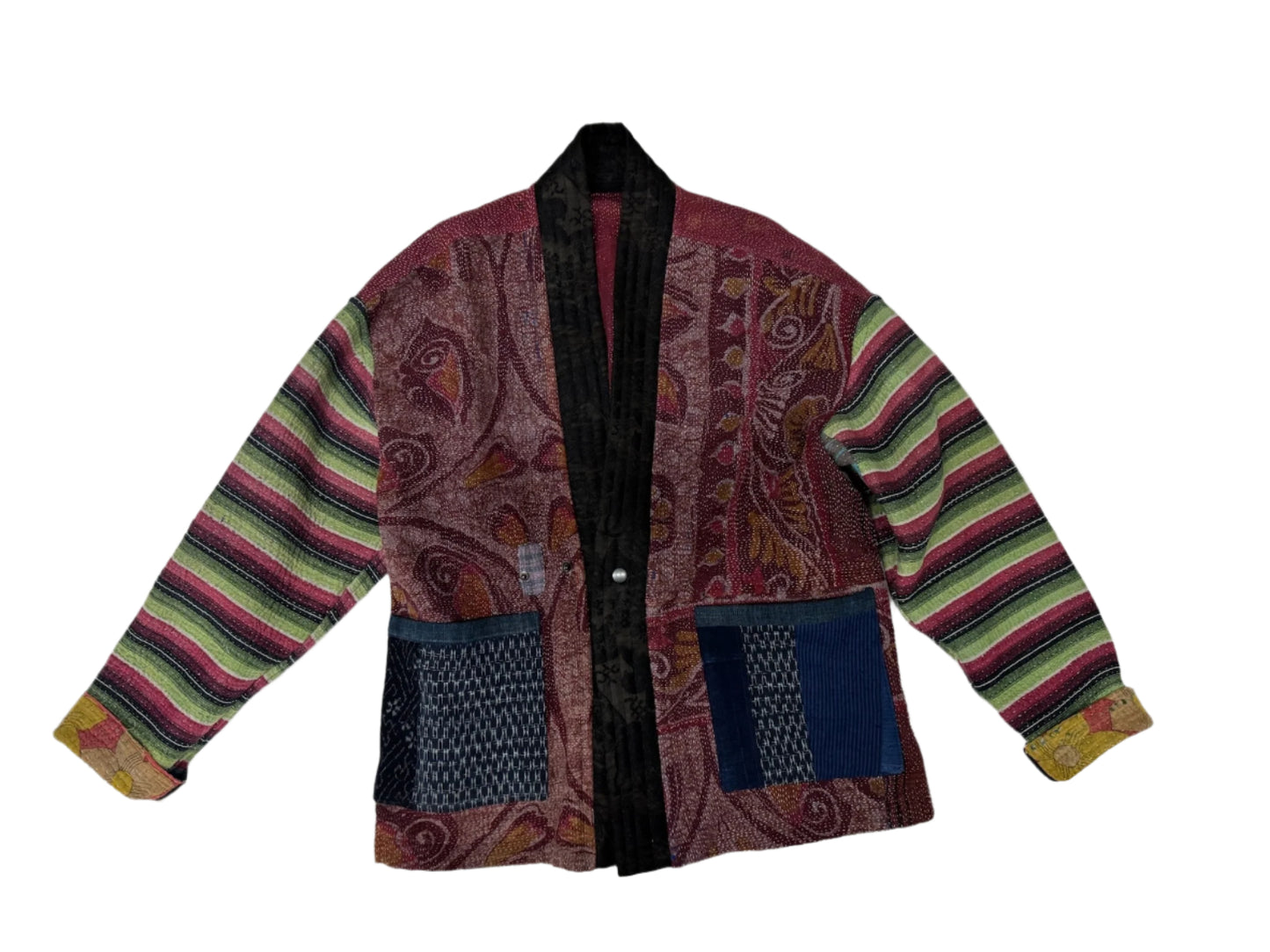 Kantha Quilted Kimono Jacket *(striped sleeve)