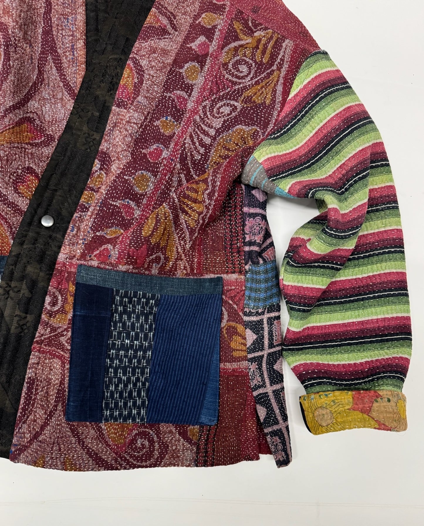 Kantha Quilted Kimono Jacket *(striped sleeve)
