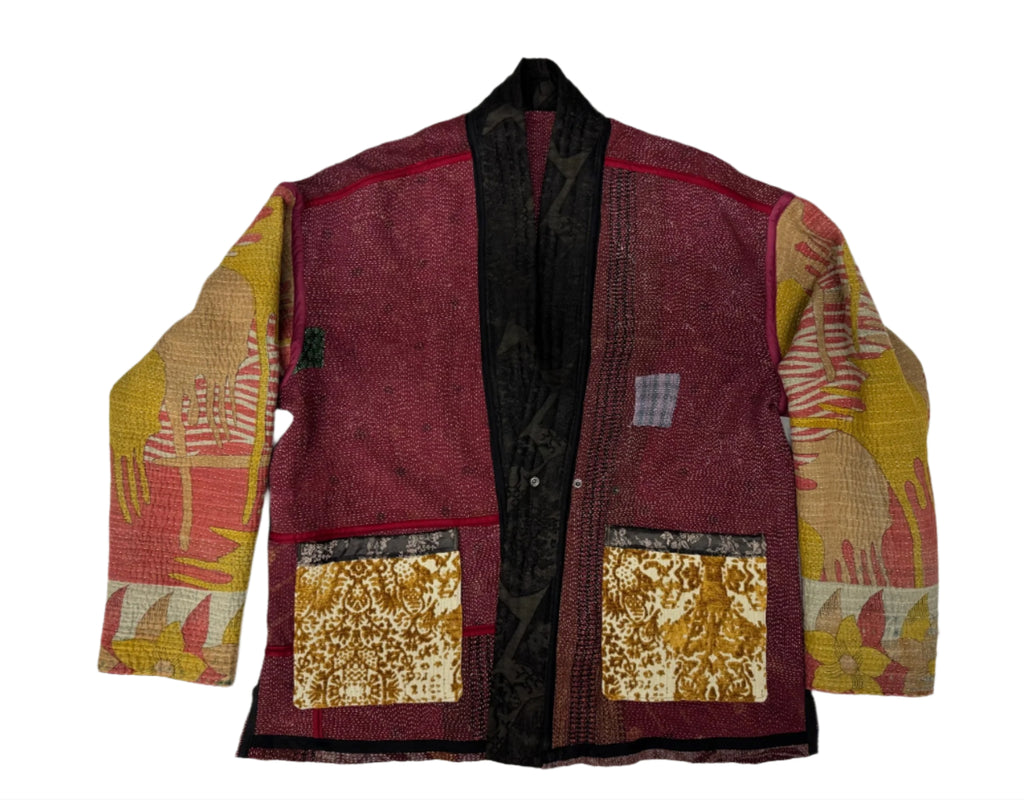 Kantha Quilted Kimono Jacket *(striped sleeve)